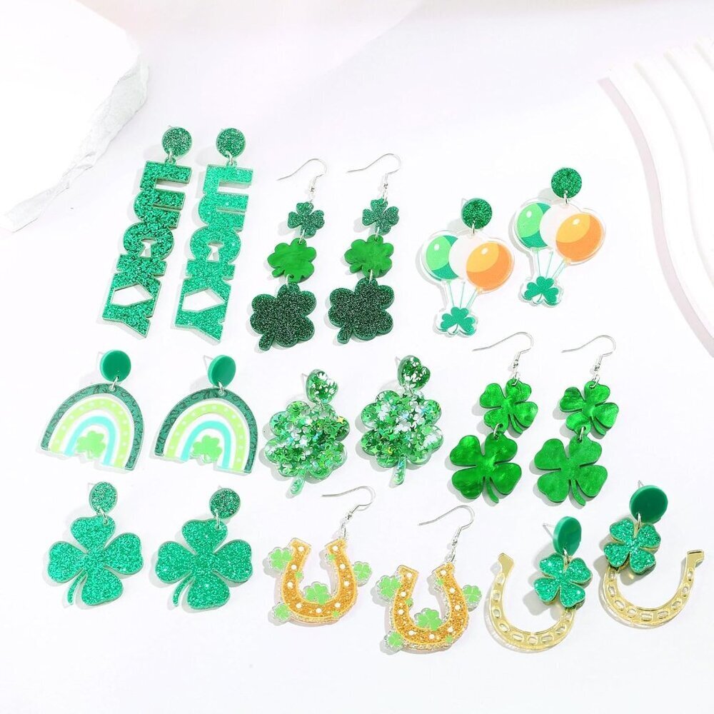St Patrick's Day Earrings Set 9 Pairs Green Shamrock Clover Festive Dangle Jewel - Picture 8 of 8